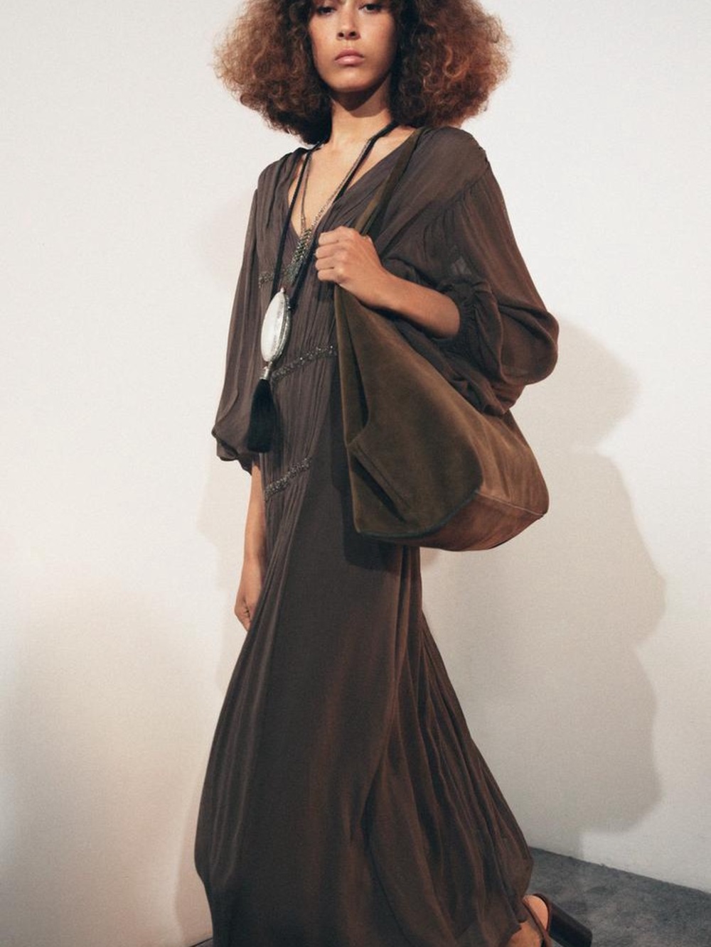 Zara Mauve-Brown Pleated V-Neck Dress with Sequin Trim